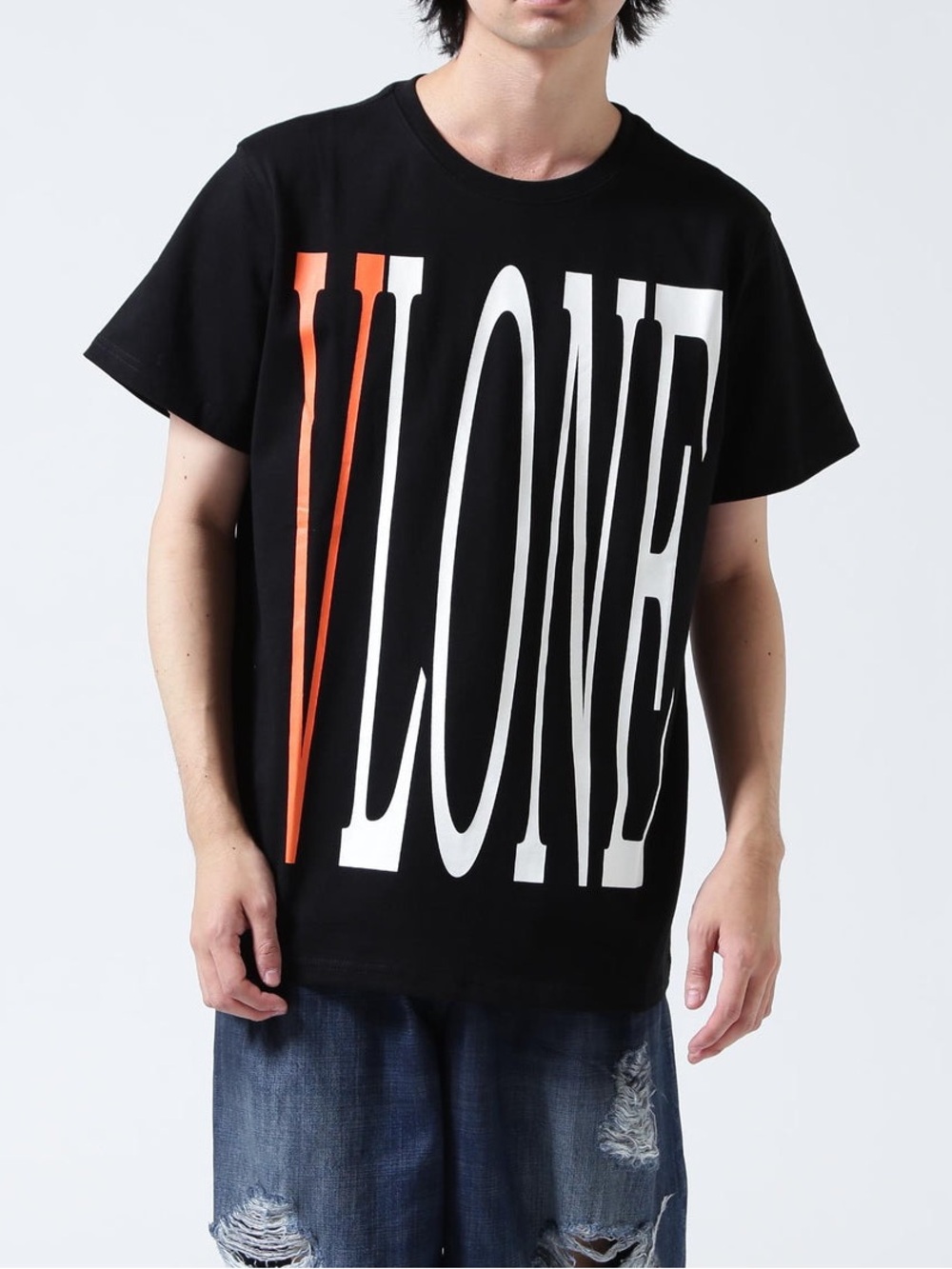 VLONE Black Tee with Orange V and White Logo